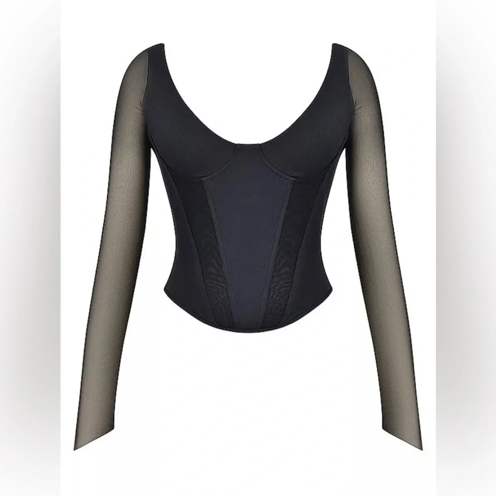Black Mesh Corset Long Sleeve Top - Picture 5 of 6